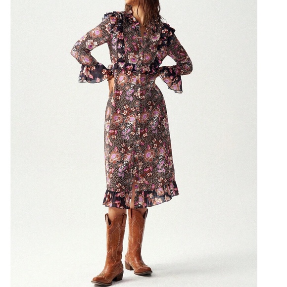 Boho Floral Print Button Ruffle Detail Long sleeve Midi Dress - Picture 5 of 6